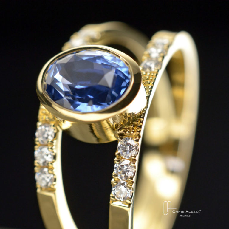 Bague double anneaux, or, saphir, diamants